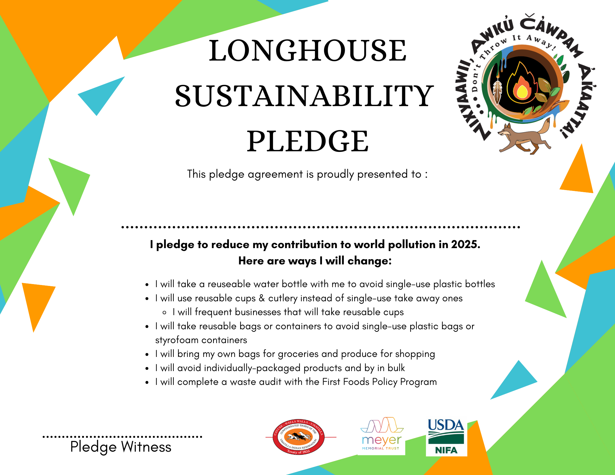 A certificate that reads Longhouse Sustainabilty Pledge and has statements about how the pledgee will agree to reduce their contributions to world pollution in 2025