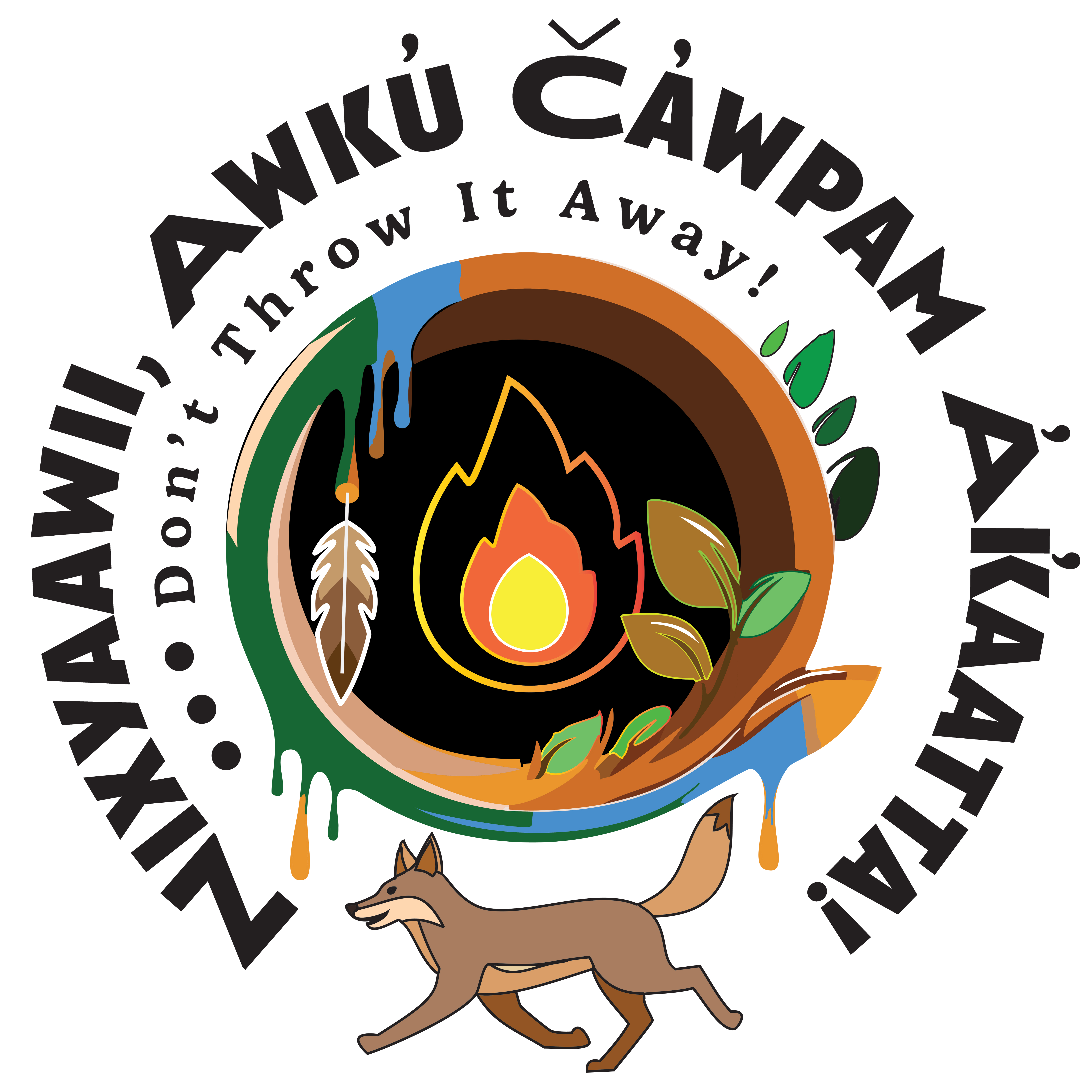 Logo for the Nixyaawii Don’t Throw It Away! Project illustrates the circular aspect of closing the loop for materials management, four elements of earth, fire, air, and water, the flame of the biodigester as a stomach and Coyote at the bottom for the transformation element of this project. Logo was designed by Alx Kujana, a Nez Perce artist in Pendleton.