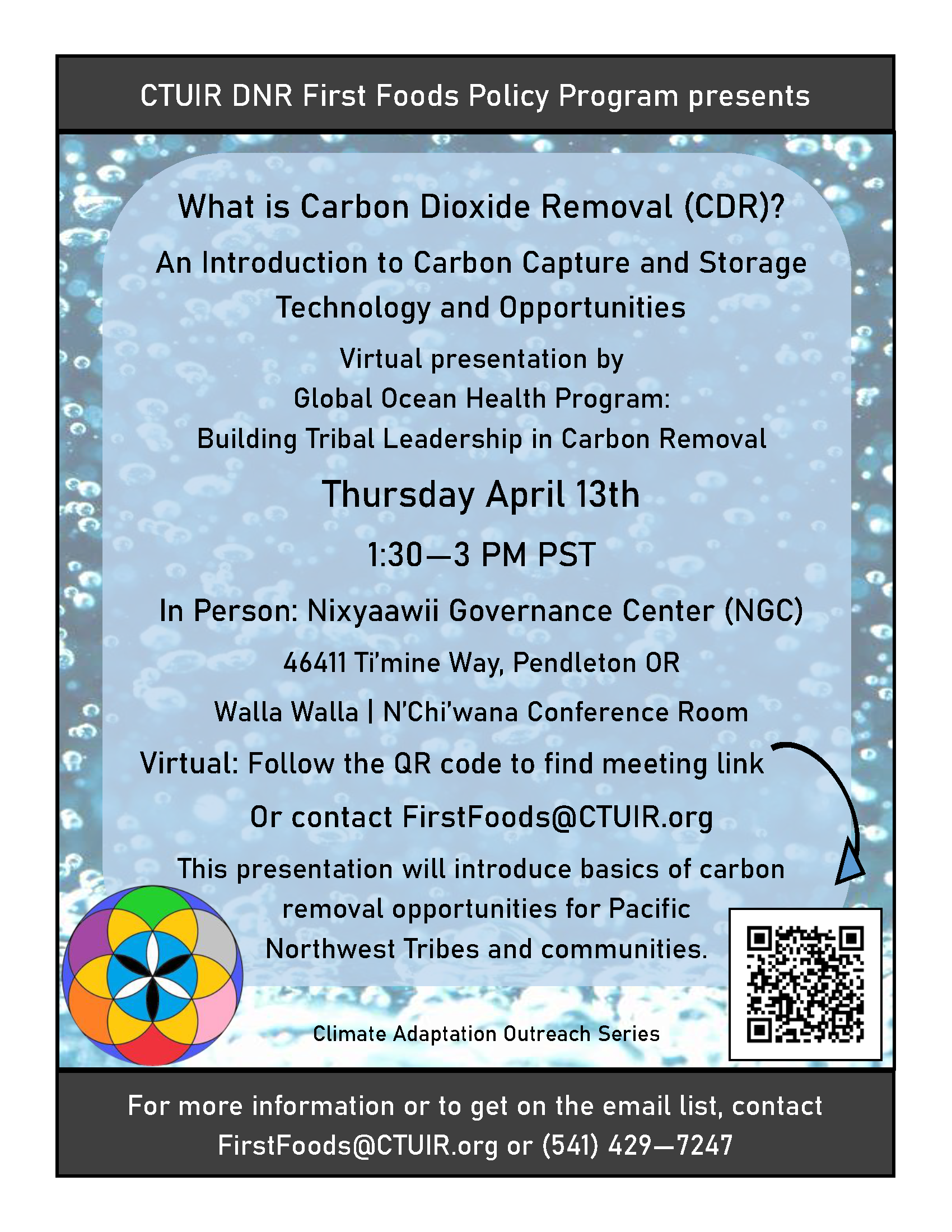 a flyer for an event about carbon dioxide removal (CDR) technologies and opportunities held on April 13th 1:30 to 3 PM