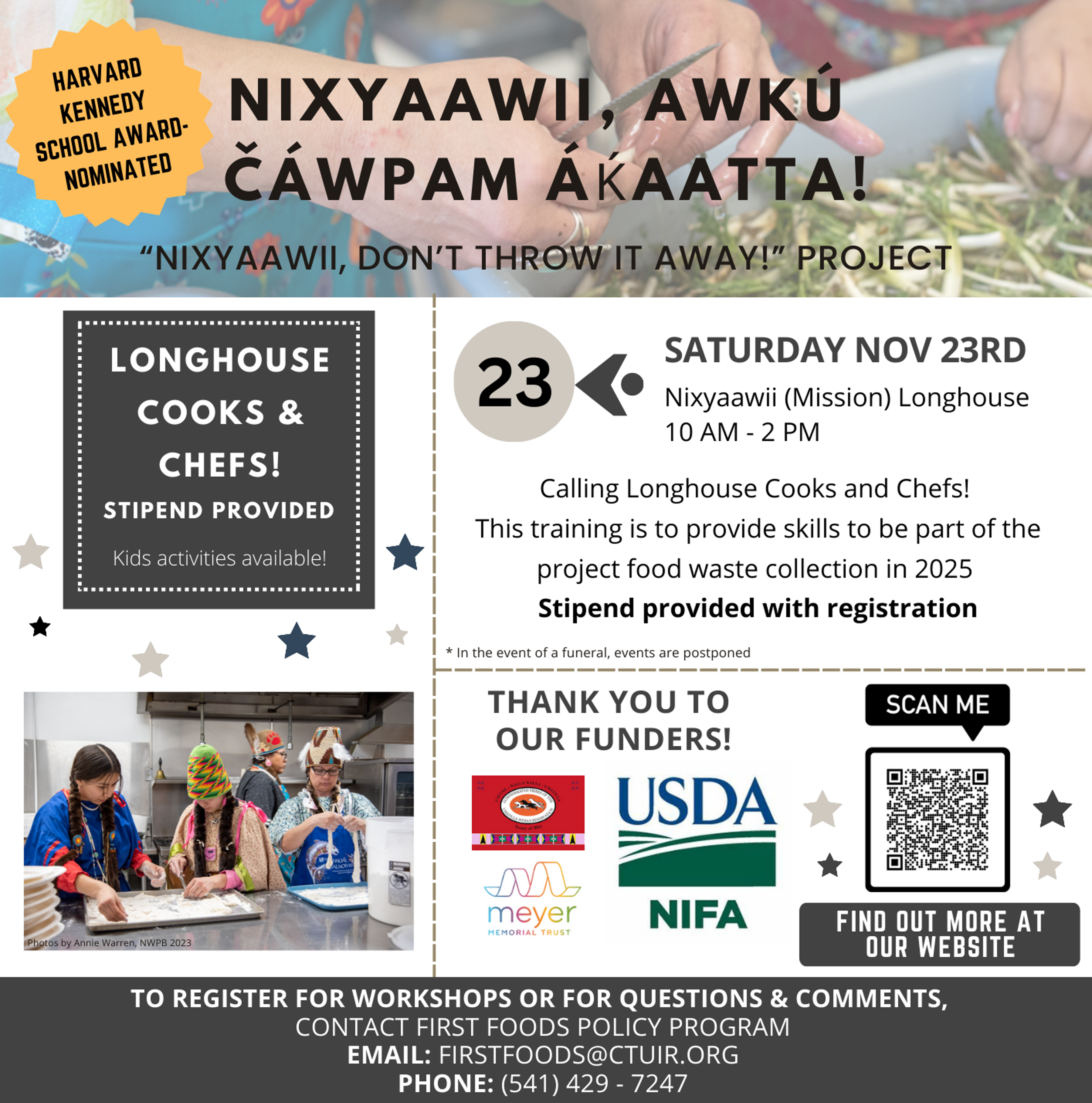 A promotional flyer shows information for public outreach events on November 23 2024 from 10 AM to 2 PM at the Mission for the Nixyaawii, Don’t Throw It Away! Project, including thanks to funders and a QR code for the project website.