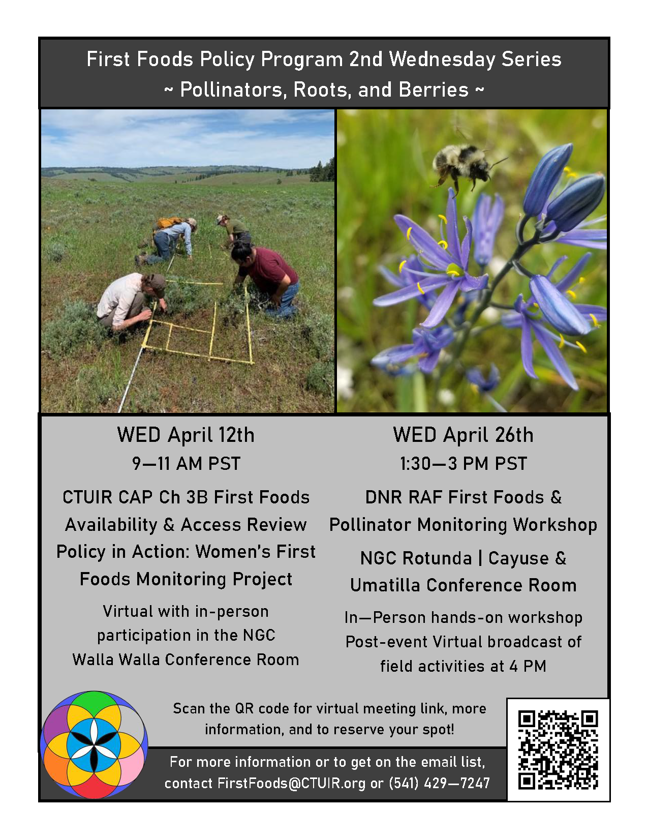 a flyer for an in person and virtual event on April 26 to learn about First Foods monitoring and pollinators