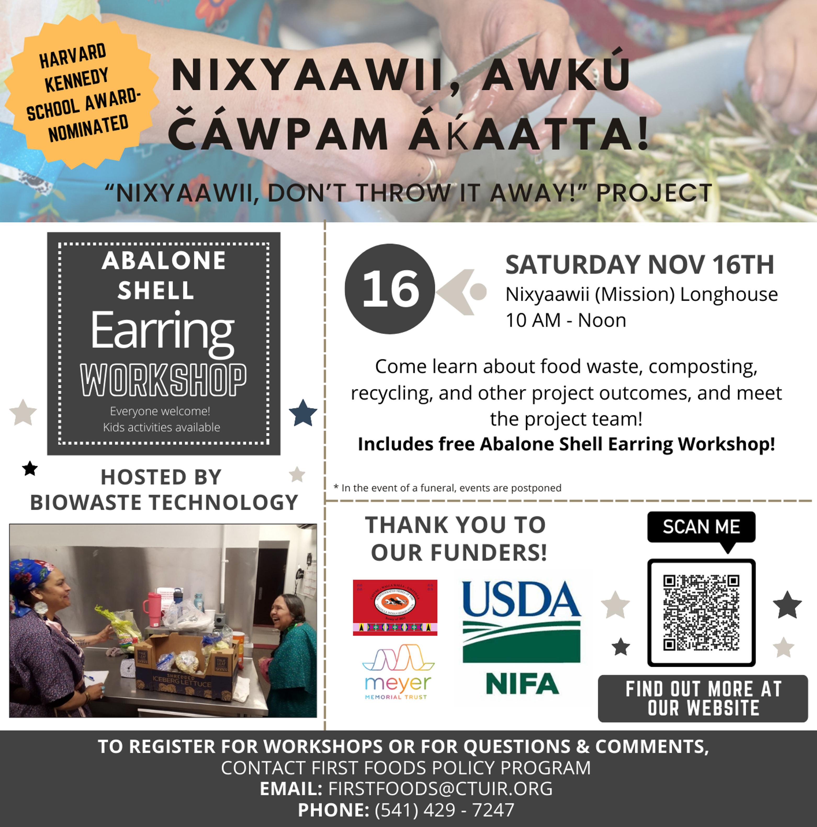 A promotional flyer shows information for public outreach events on November 16 2024 from 10 AM to Noon at the Mission for the Nixyaawii, Don’t Throw It Away! Project, including thanks to funders and a QR code for the project website.