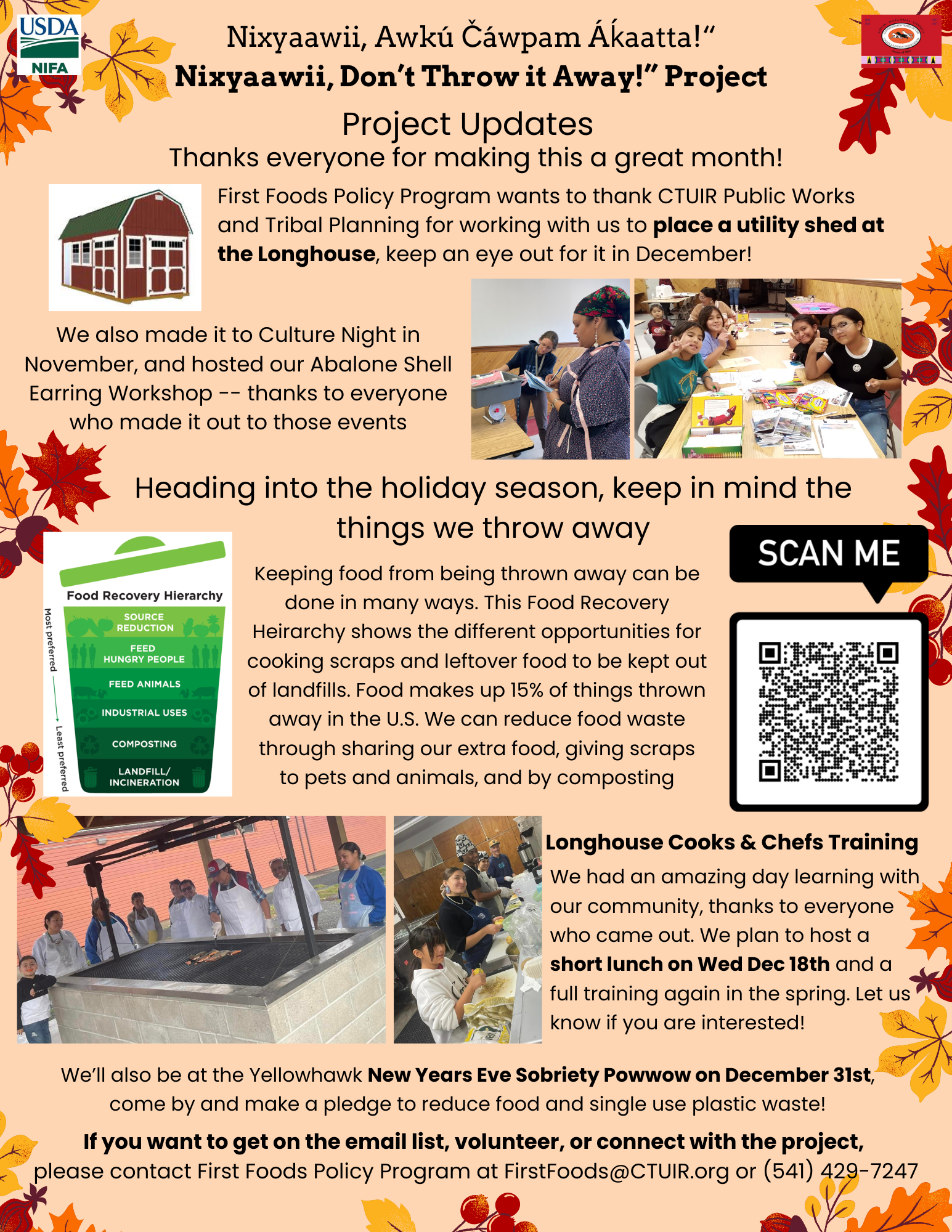 A promotional flyer shows information for public outreach events in December 2024 for the Nixyaawii, Don’t Throw It Away! Project, including thanks to CTUIR Public Works and Planning, review of November events, an info graphic on food recovery hierarchy, and a QR code for the project website.